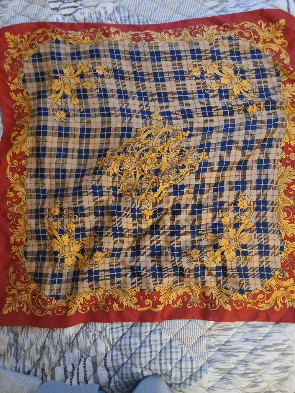 Berkshire Red Plaid Scarf with Gold Baroque Motif-Large